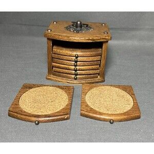 Vintage 8 Wood & Cork Coasters Storage Set MCM Barware Bar Decor Retro Decor
